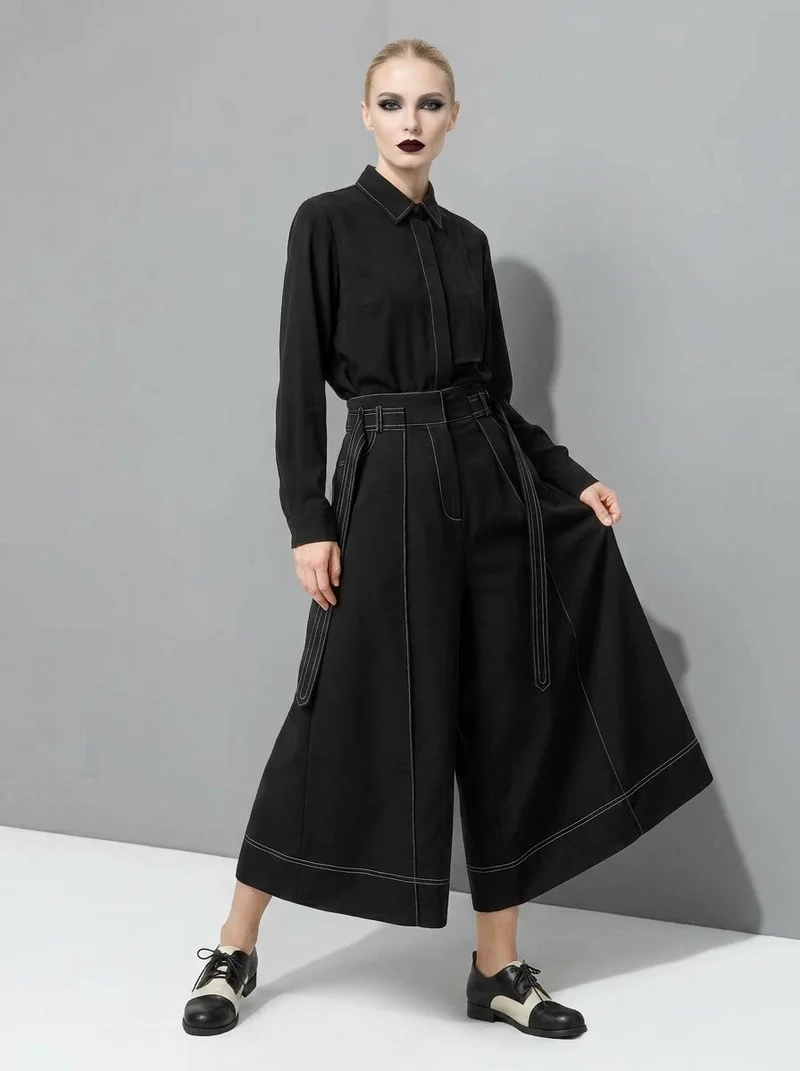 Wide-Leg Capri Culottes with Belt Detail