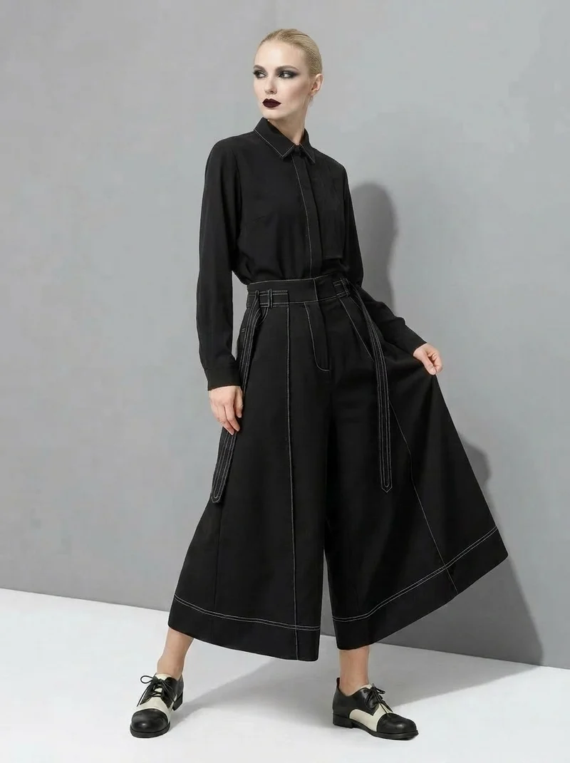 Wide-Leg Capri Culottes with Belt Detail