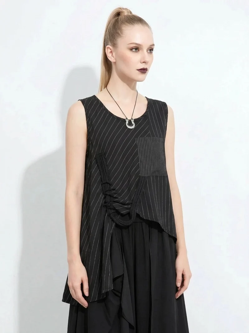 Asymmetrical Pinstripe Draped Top