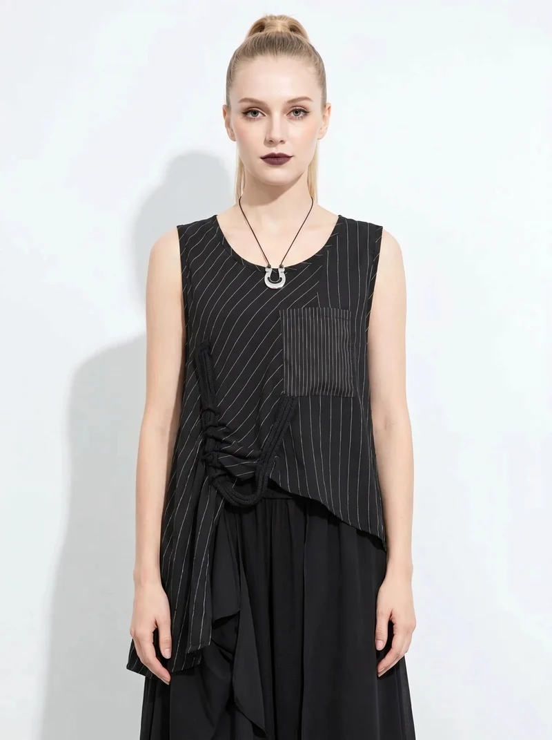 Asymmetrical Pinstripe Draped Top