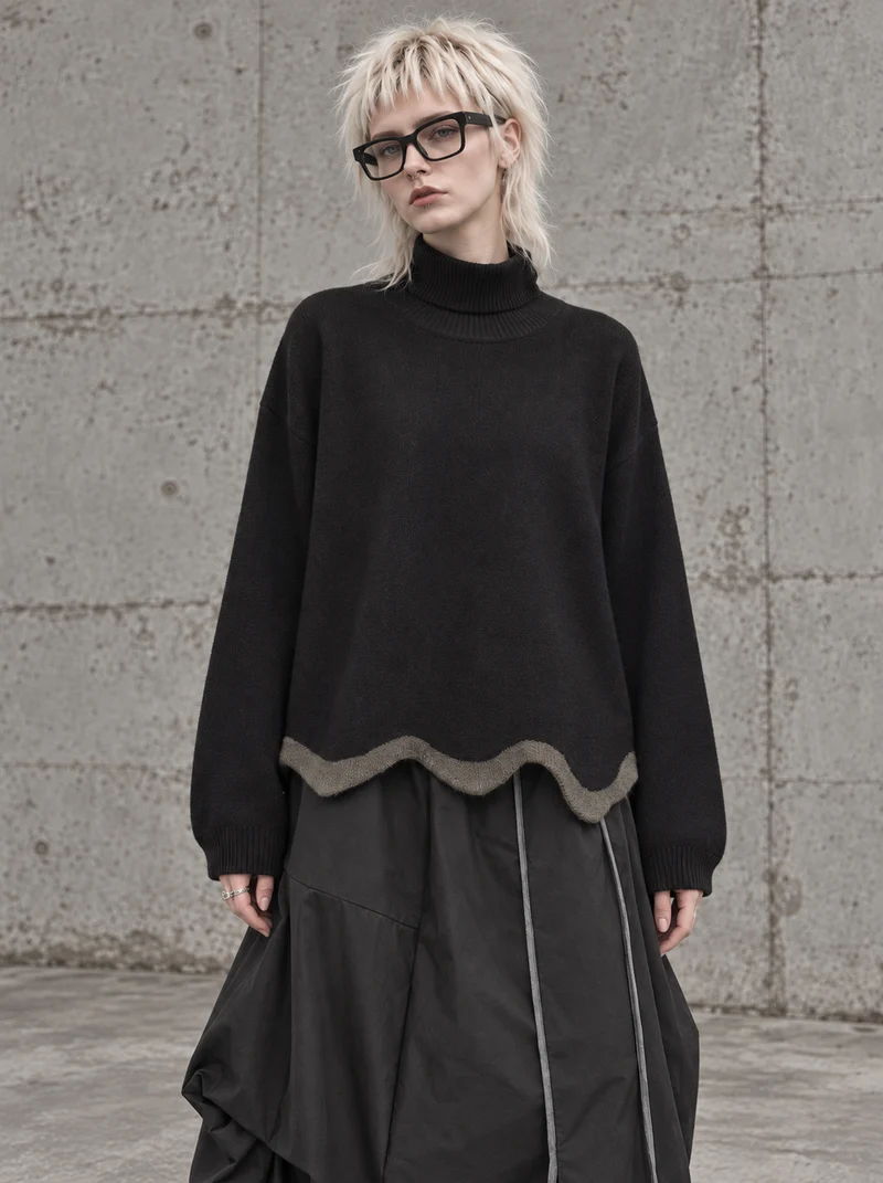 Black Wave Hem Turtleneck Pullover