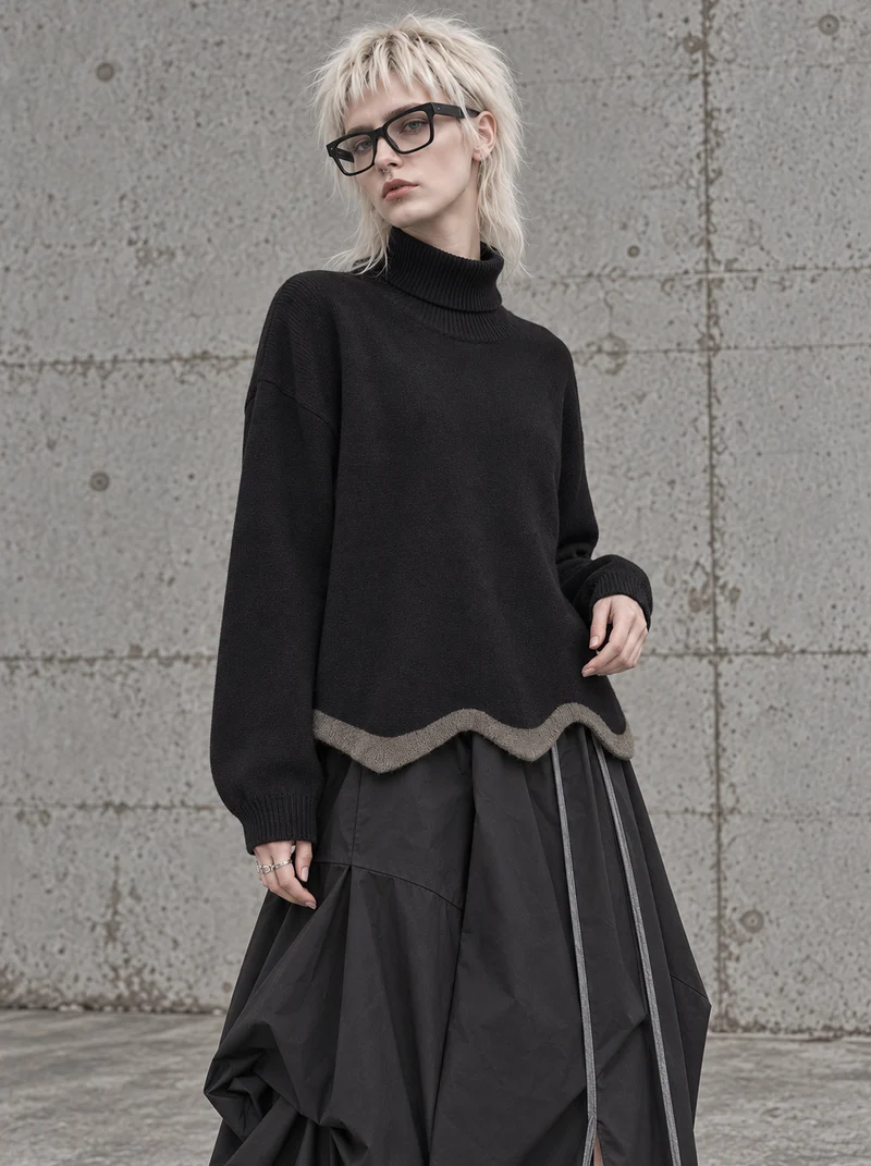 Black Wave Hem Turtleneck Pullover