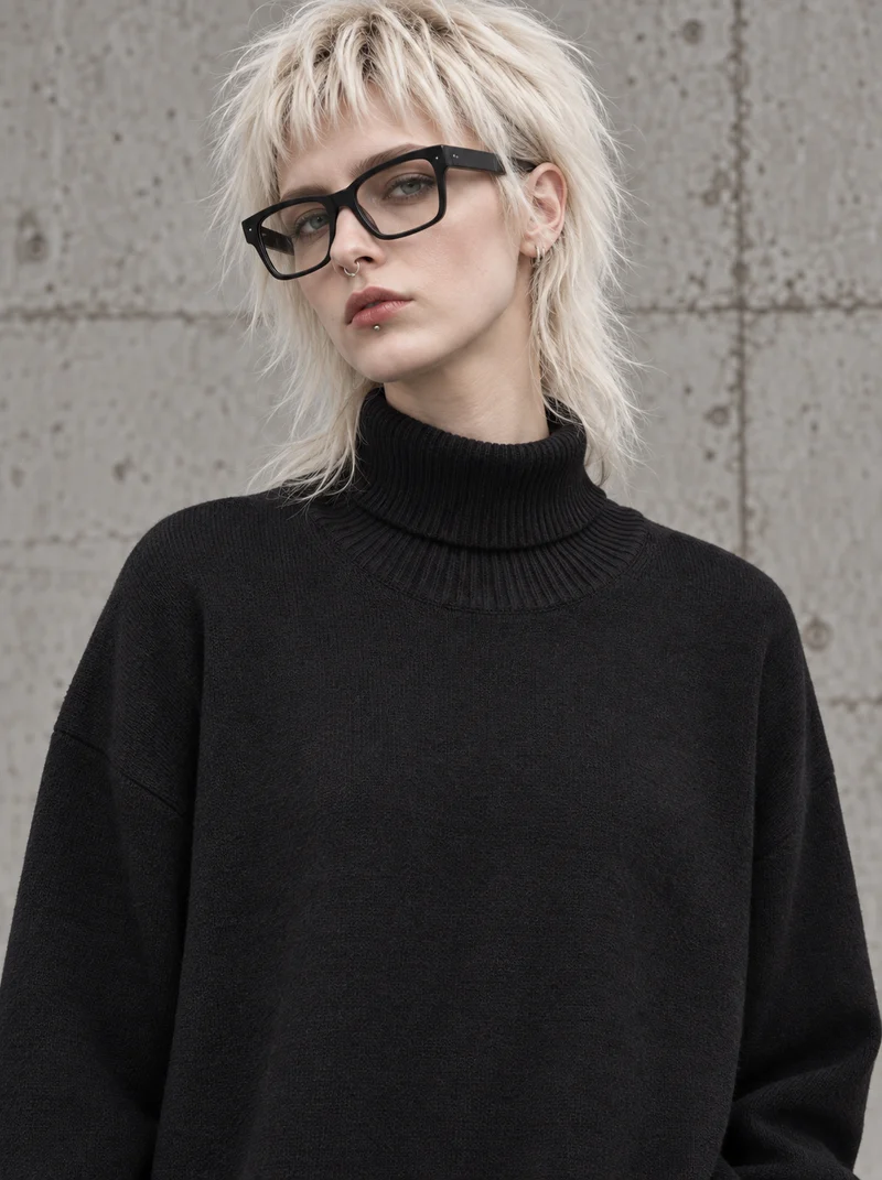 Black Wave Hem Turtleneck Pullover