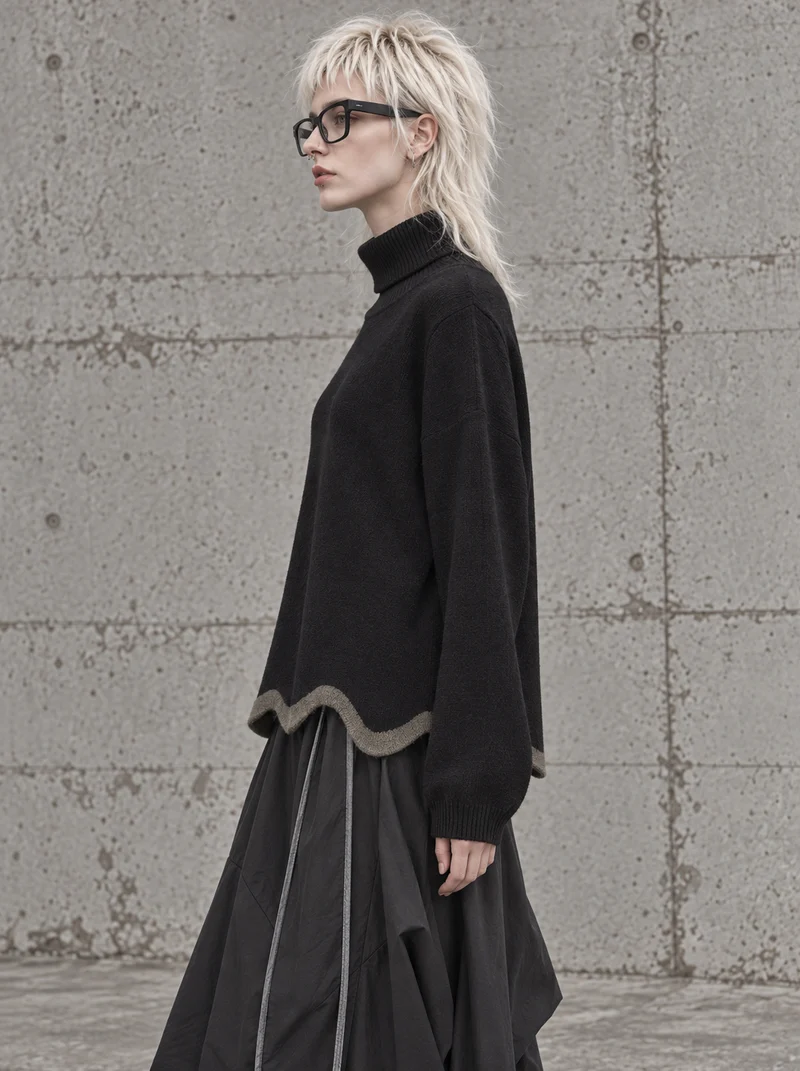 Black Wave Hem Turtleneck Pullover