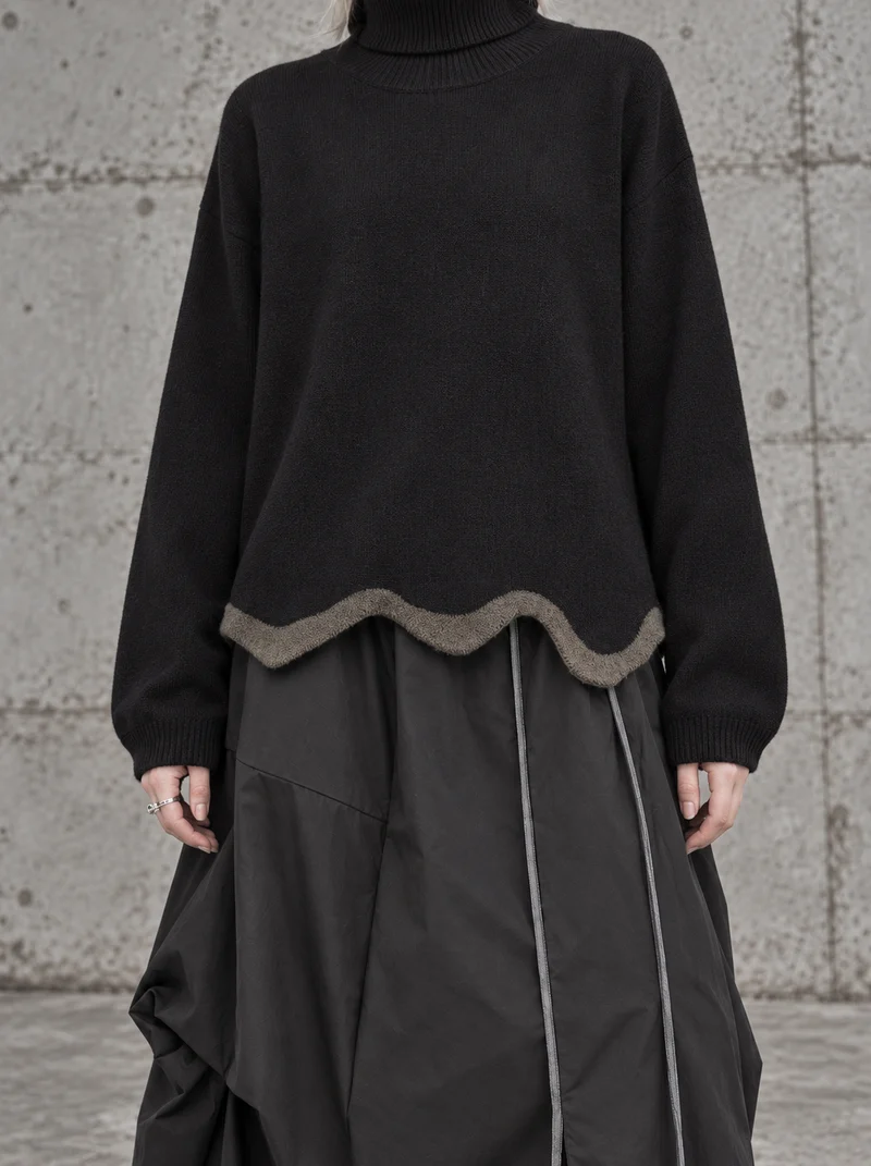 Black Wave Hem Turtleneck Pullover