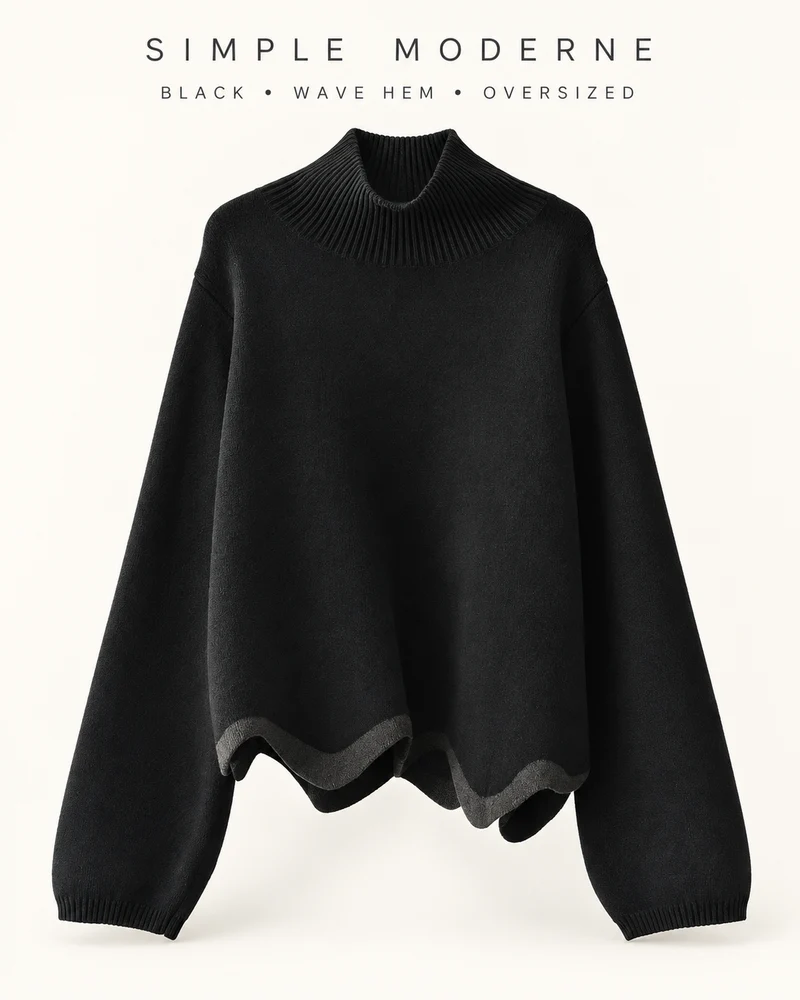 Black Wave Hem Turtleneck Pullover