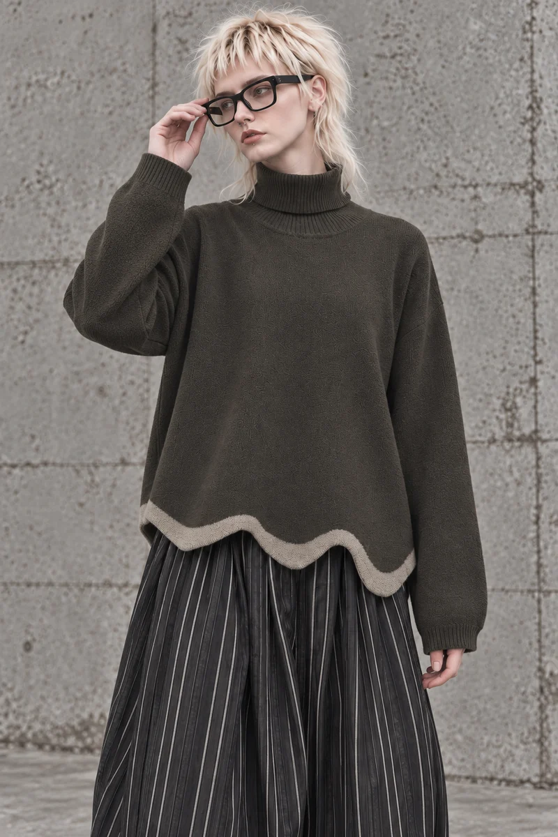 Limited Edition Dark Green Wave Hem Turtleneck Pullover