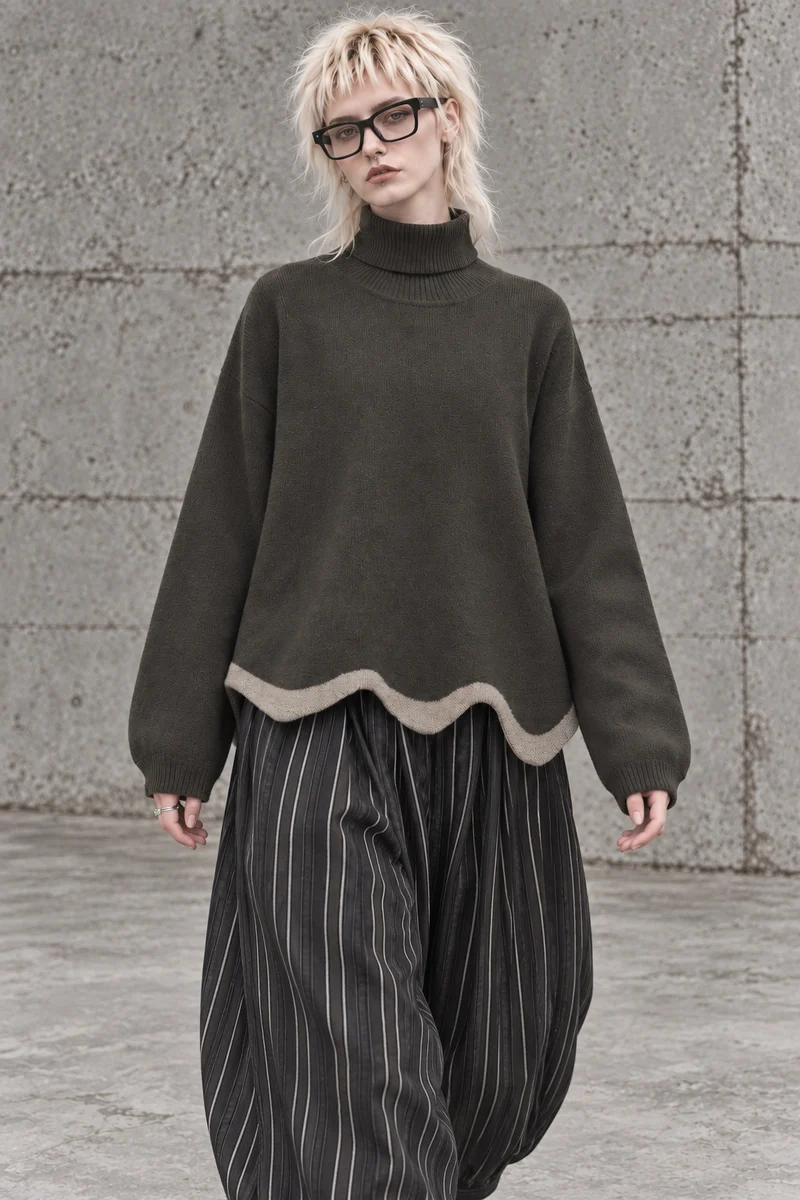 Limited Edition Dark Green Wave Hem Turtleneck Pullover