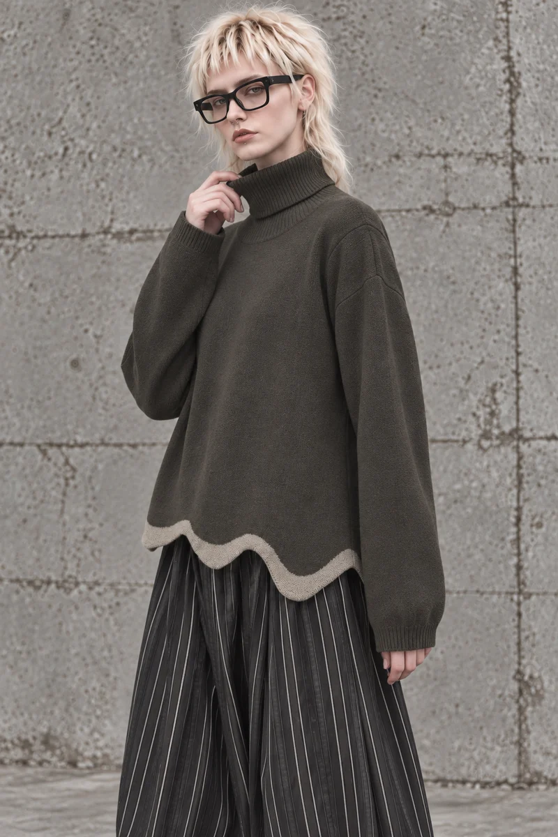 Limited Edition Dark Green Wave Hem Turtleneck Pullover