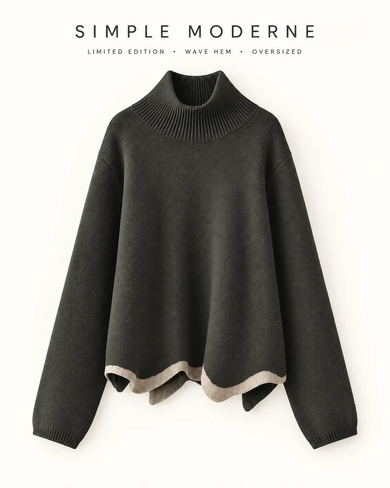Limited Edition Dark Green Wave Hem Turtleneck Pullover
