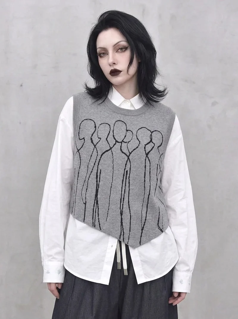 Grey Abstract Figure Knitted Vest | Asymmetric Minimal Goth Layer