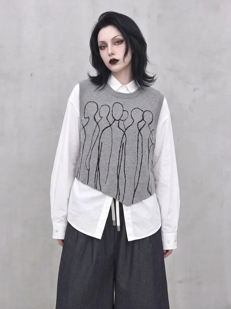 Grey Abstract Figure Knitted Vest | Asymmetric Minimal Goth Layer