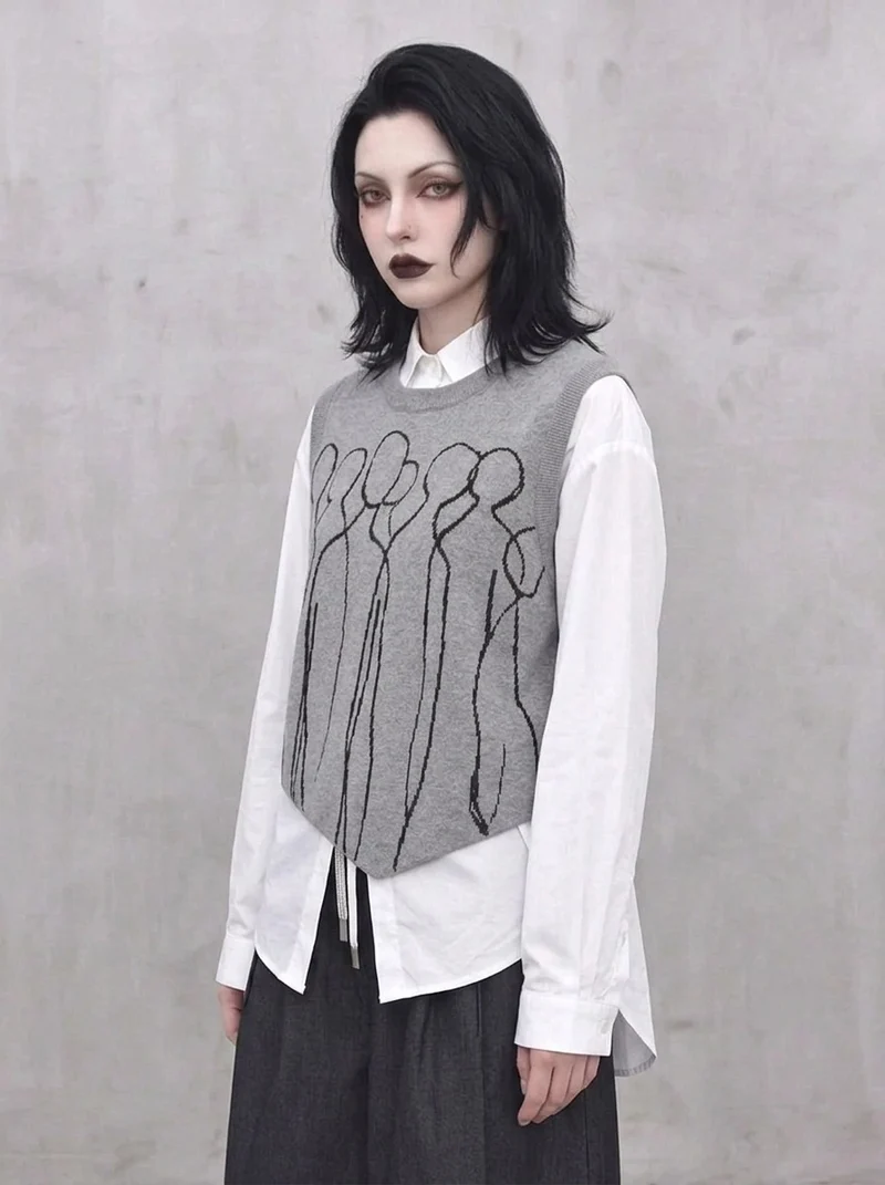 Grey Abstract Figure Knitted Vest | Asymmetric Minimal Goth Layer