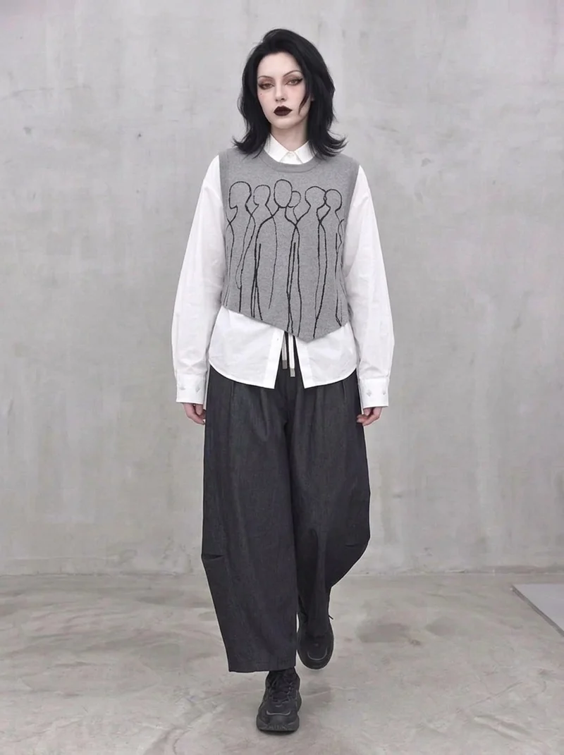 Grey Abstract Figure Knitted Vest | Asymmetric Minimal Goth Layer