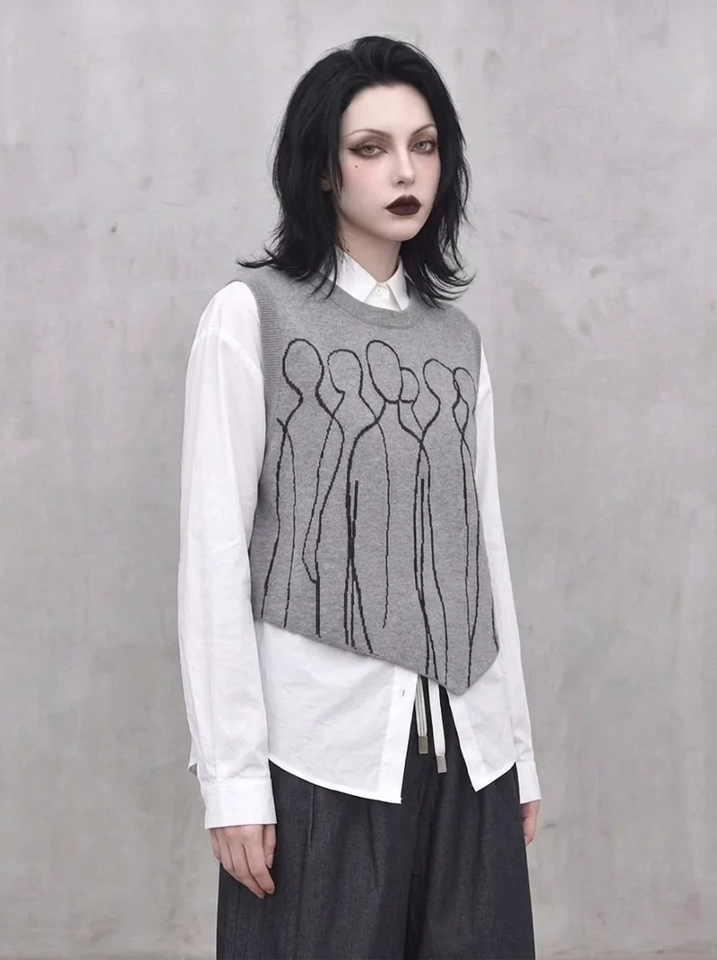 Grey Abstract Figure Knitted Vest | Asymmetric Minimal Goth Layer