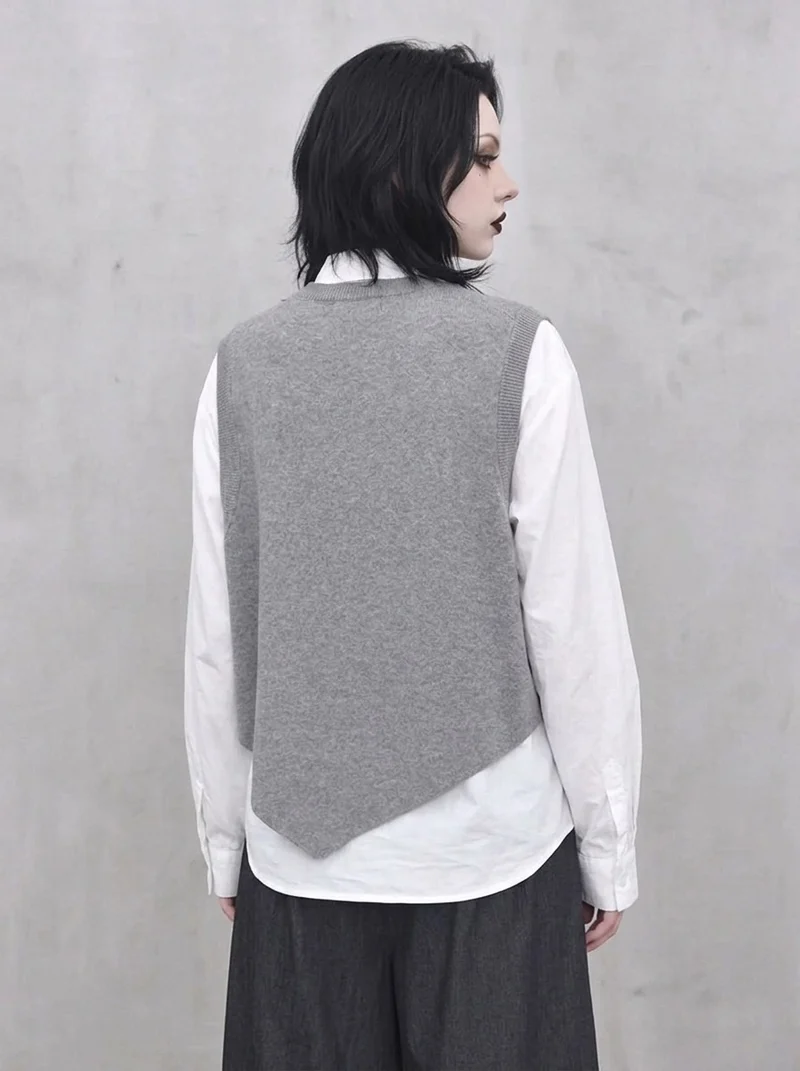 Grey Abstract Figure Knitted Vest | Asymmetric Minimal Goth Layer