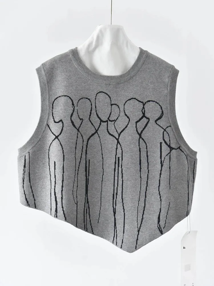 Grey Abstract Figure Knitted Vest | Asymmetric Minimal Goth Layer