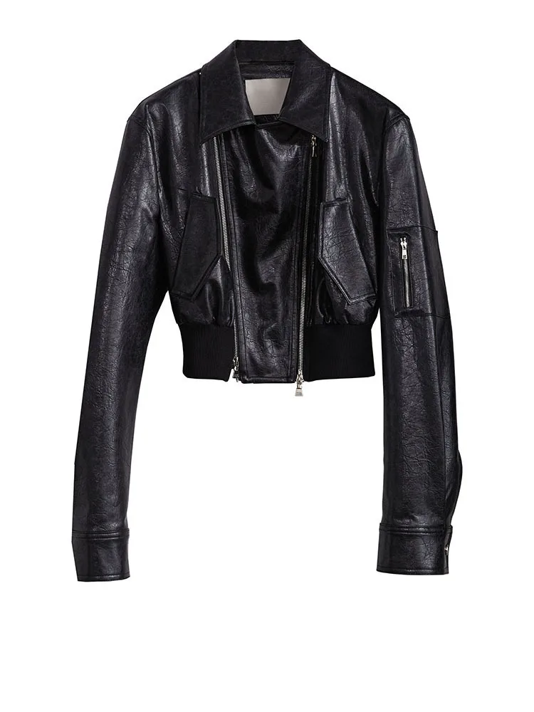 Minimalist Zipper-Slit Faux Leather Bomber Jacket – Casual Goth Street Style