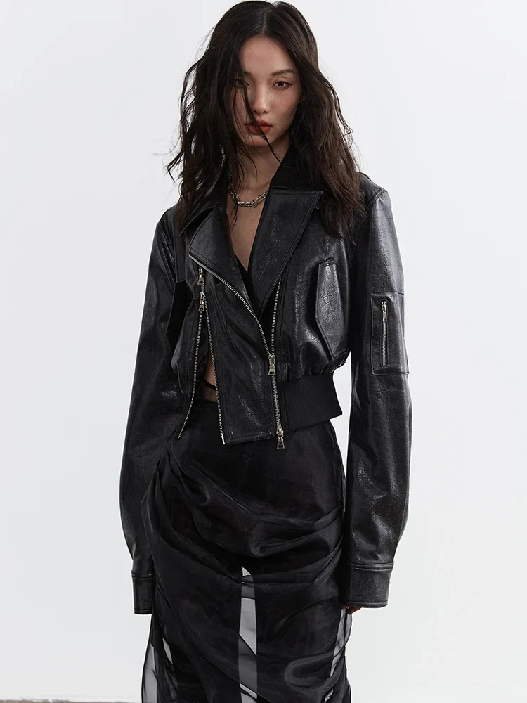 Minimalist Zipper-Slit Faux Leather Bomber Jacket – Casual Goth Street Style