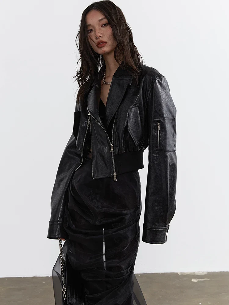 Minimalist Zipper-Slit Faux Leather Bomber Jacket – Casual Goth Street Style