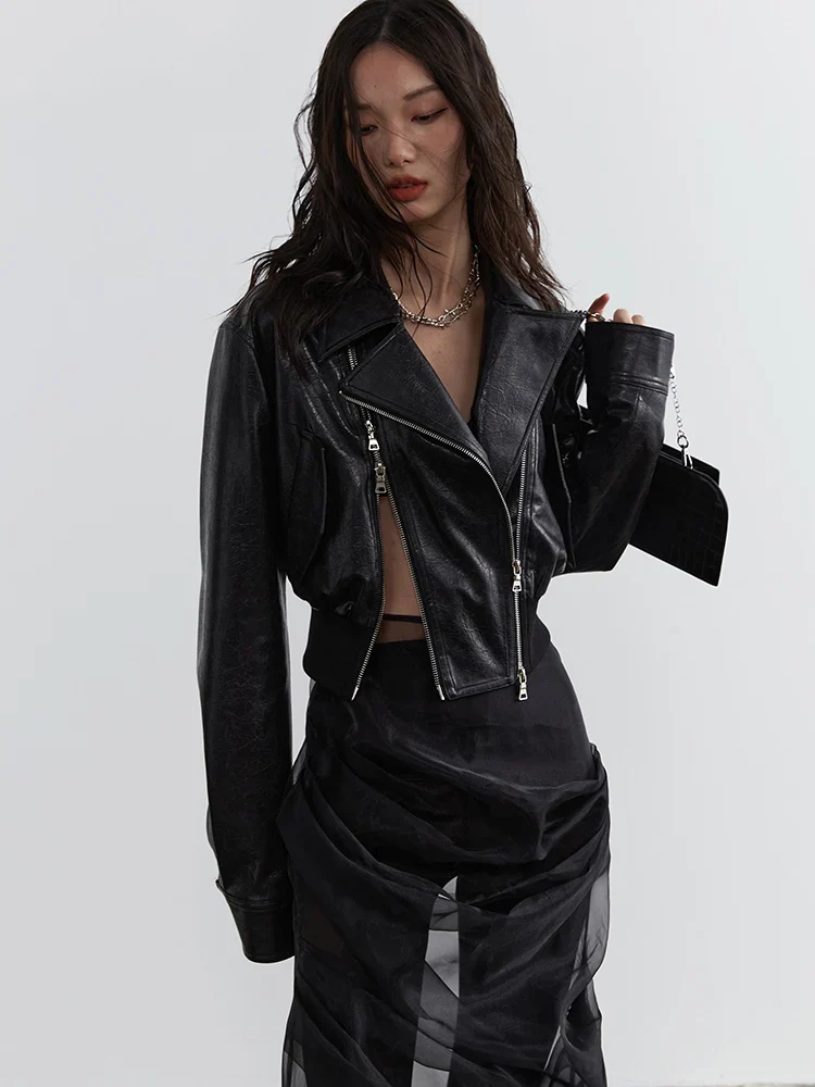 Minimalist Zipper-Slit Faux Leather Bomber Jacket – Casual Goth Street Style