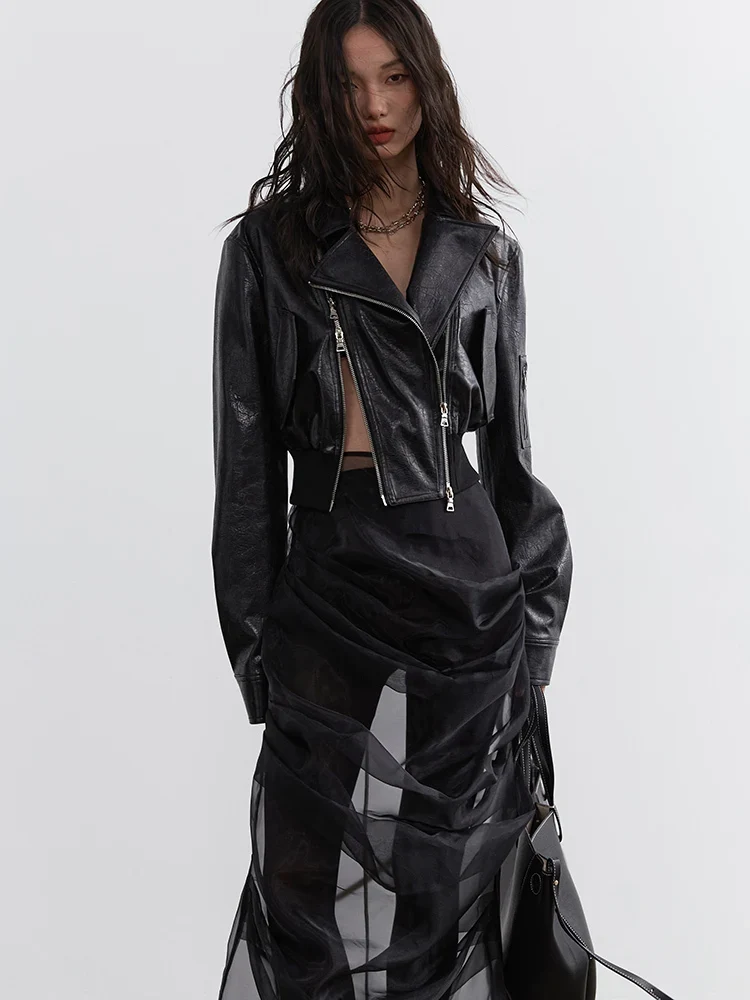 Minimalist Zipper-Slit Faux Leather Bomber Jacket – Casual Goth Street Style