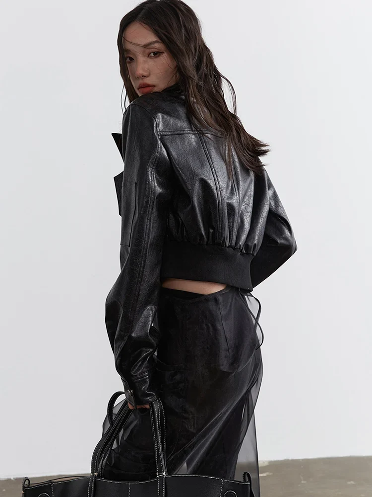 Minimalist Zipper-Slit Faux Leather Bomber Jacket – Casual Goth Street Style