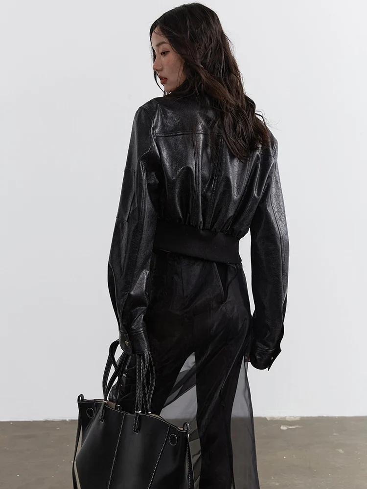 Minimalist Zipper-Slit Faux Leather Bomber Jacket – Casual Goth Street Style