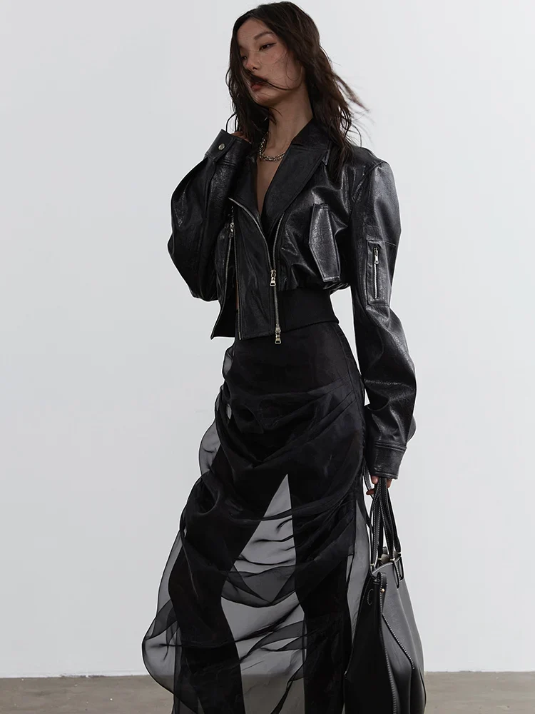 Minimalist Zipper-Slit Faux Leather Bomber Jacket – Casual Goth Street Style