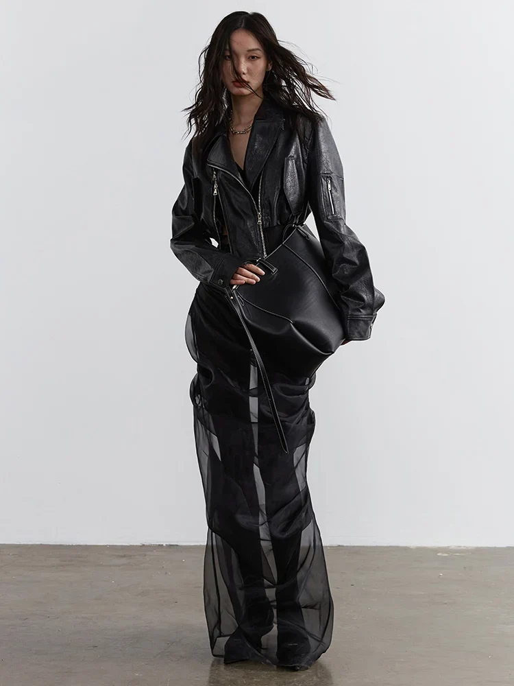 Minimalist Zipper-Slit Faux Leather Bomber Jacket – Casual Goth Street Style