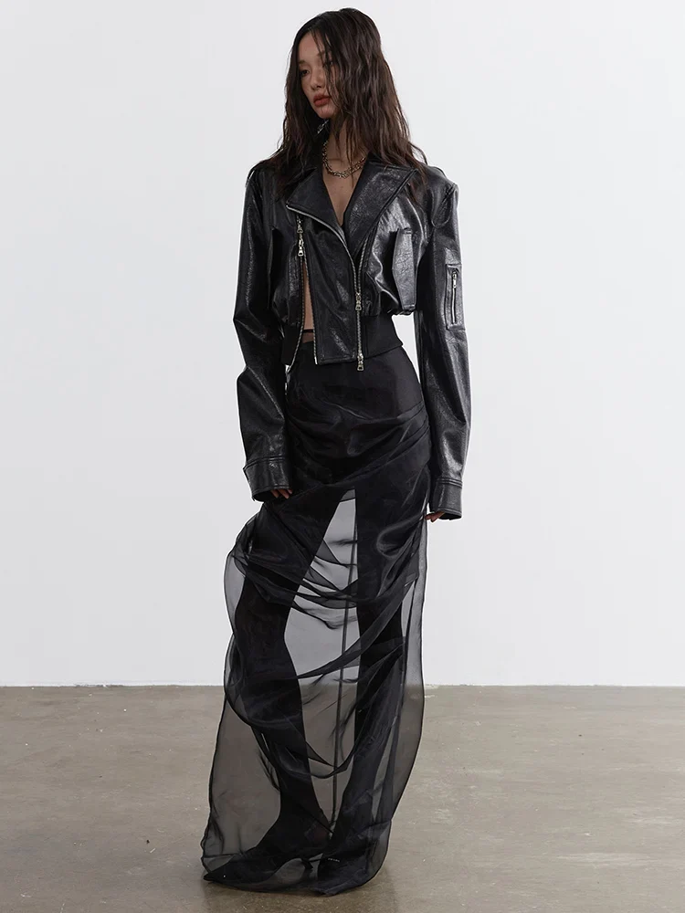 Minimalist Zipper-Slit Faux Leather Bomber Jacket – Casual Goth Street Style