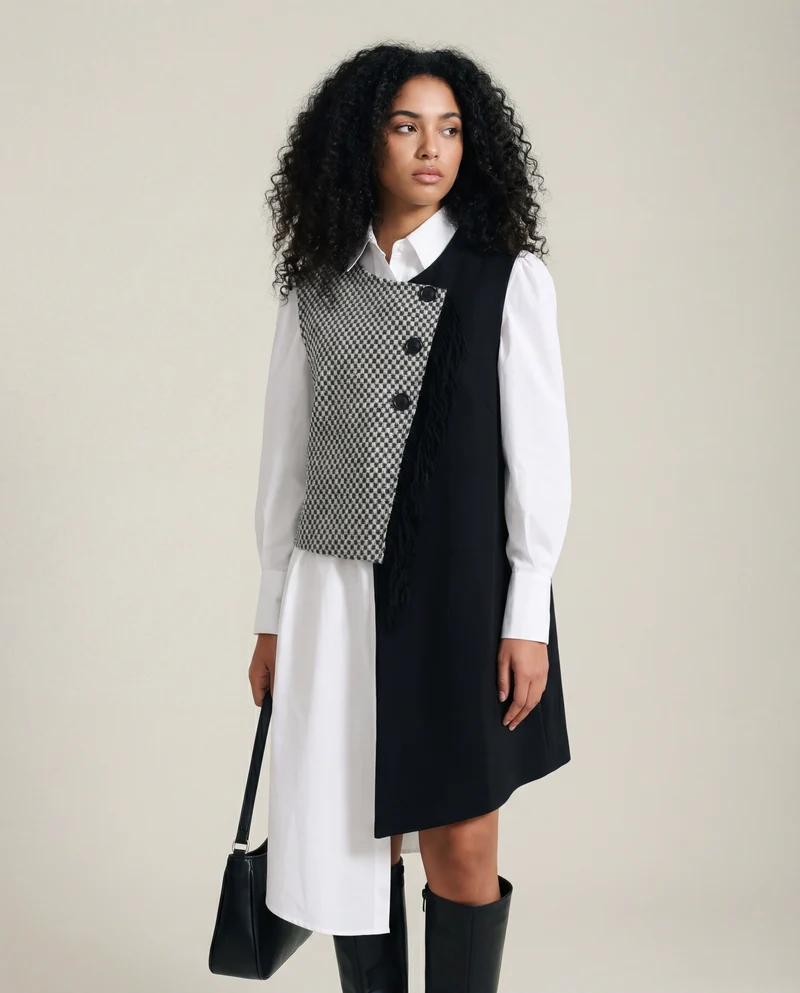 Asymmetrical Patchwork Vest with Fringe Decoration – Edgy Office Style