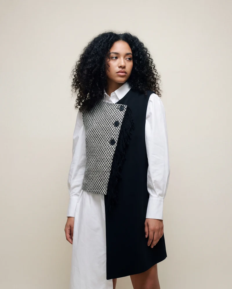 Asymmetrical Patchwork Vest with Fringe Decoration – Edgy Office Style