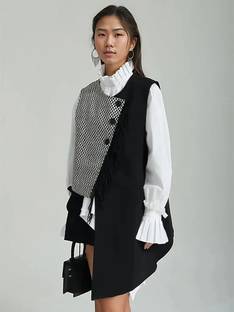 Asymmetrical Patchwork Vest with Fringe Decoration – Edgy Office Style