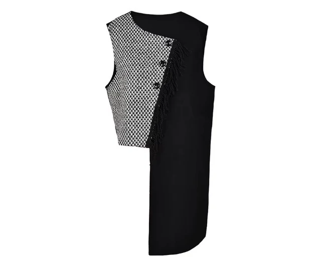 Asymmetrical Patchwork Vest with Fringe Decoration – Edgy Office Style