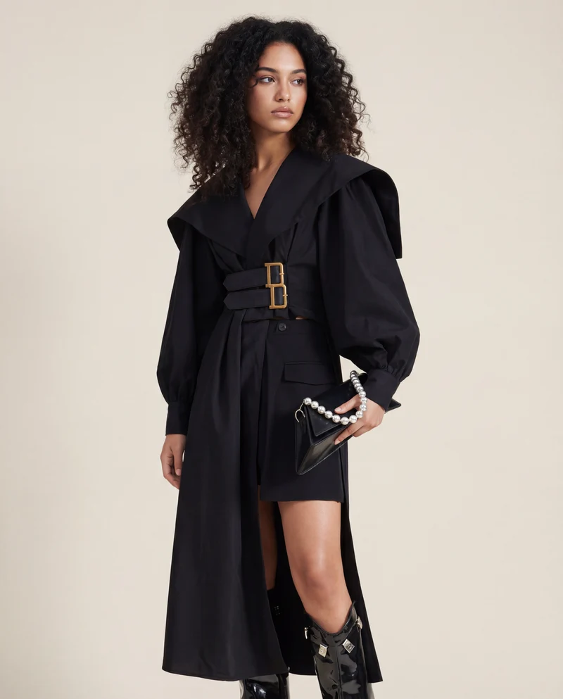 Jazz Up Irregular Design Blazer Style Belted Black Shirt