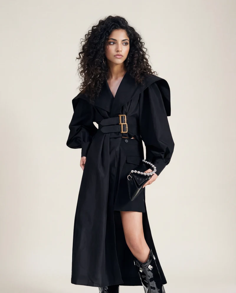 Jazz Up Irregular Design Blazer Style Belted Black Shirt