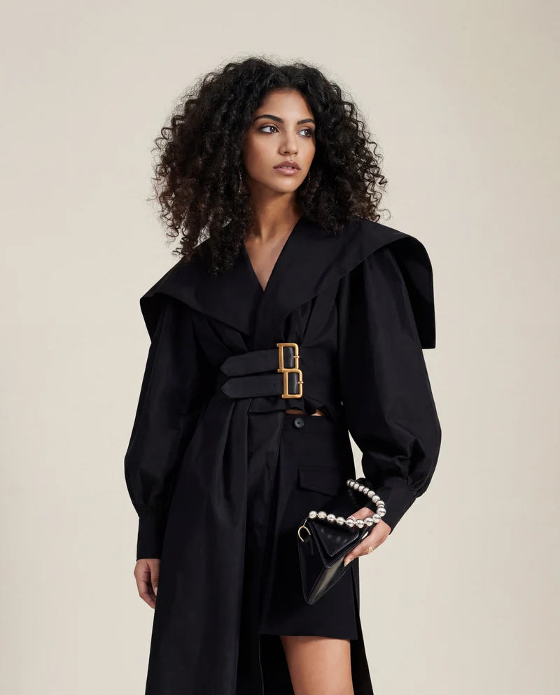 Jazz Up Irregular Design Blazer Style Belted Black Shirt