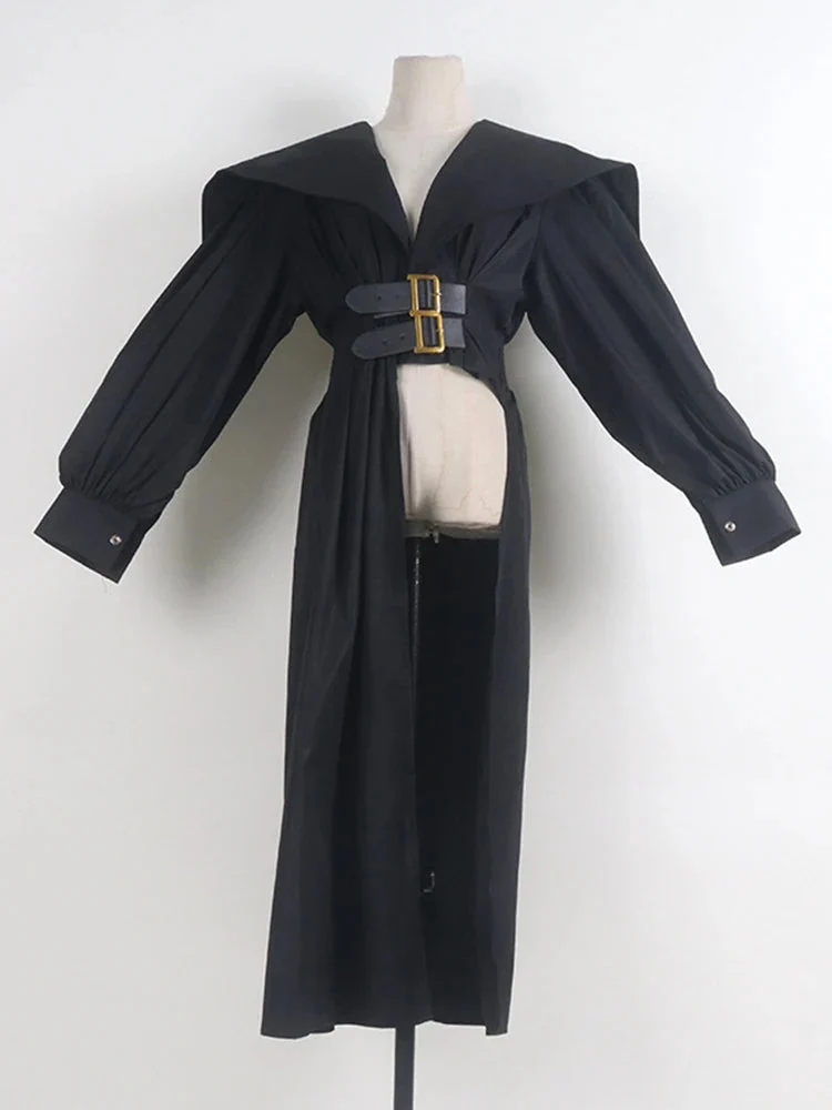 Jazz Up Irregular Design Blazer Style Belted Black Shirt
