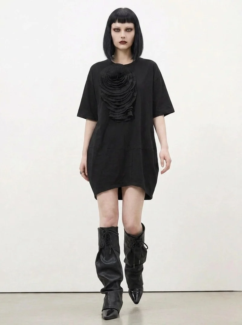 Simple Moderne Black Sculptural Flower Dress – Minimal Goth Oversized Statement Tunic