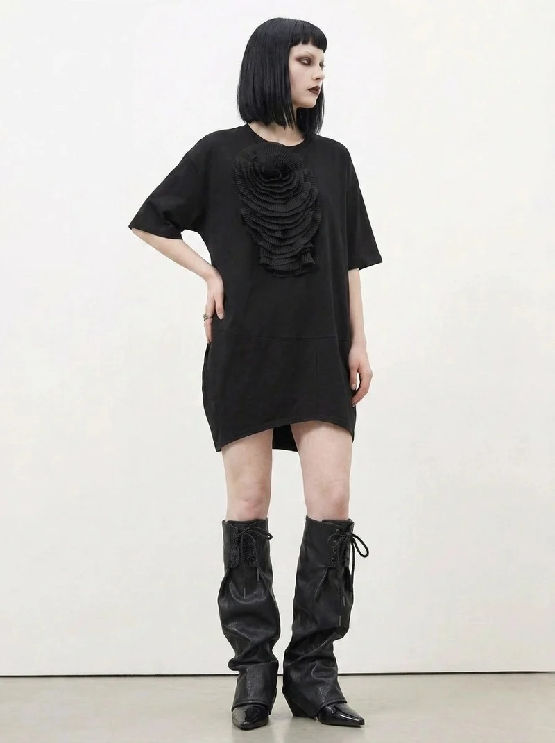 Simple Moderne Black Sculptural Flower Dress – Minimal Goth Oversized Statement Tunic