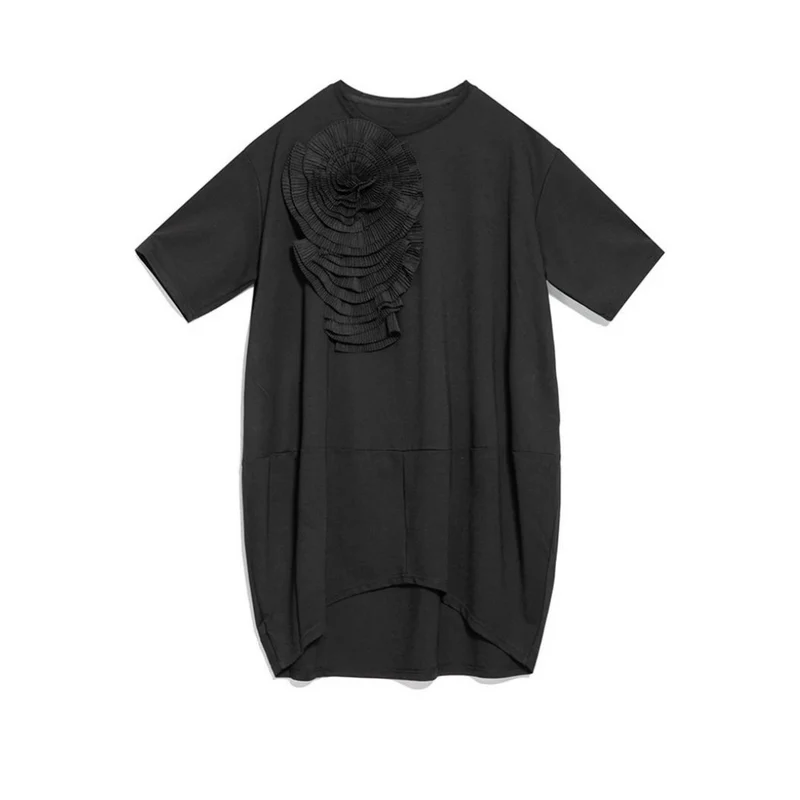 Simple Moderne Black Sculptural Flower Dress – Minimal Goth Oversized Statement Tunic