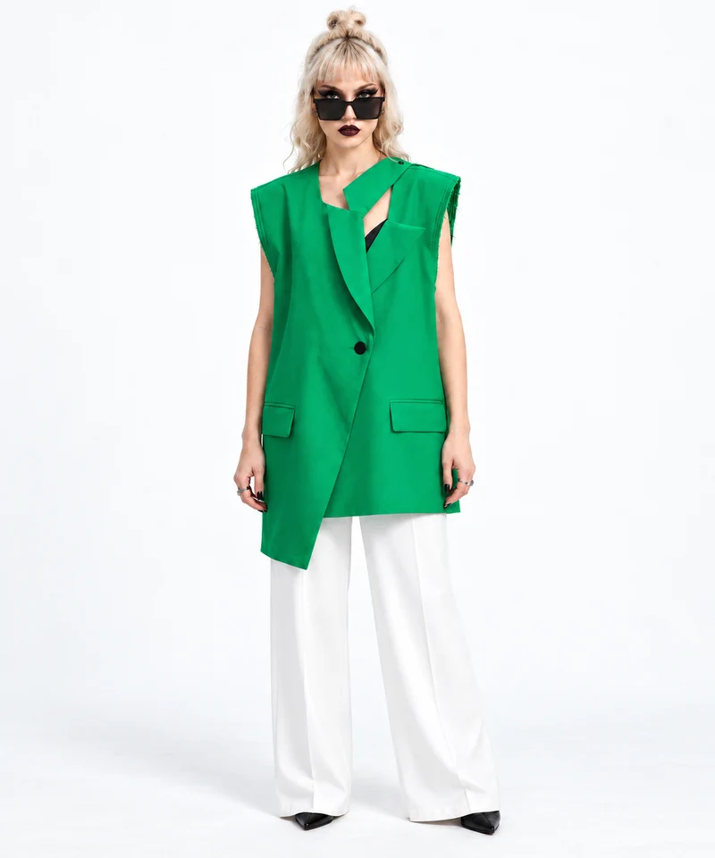 Asymmetric Raw-Edge Sleeveless Blazer