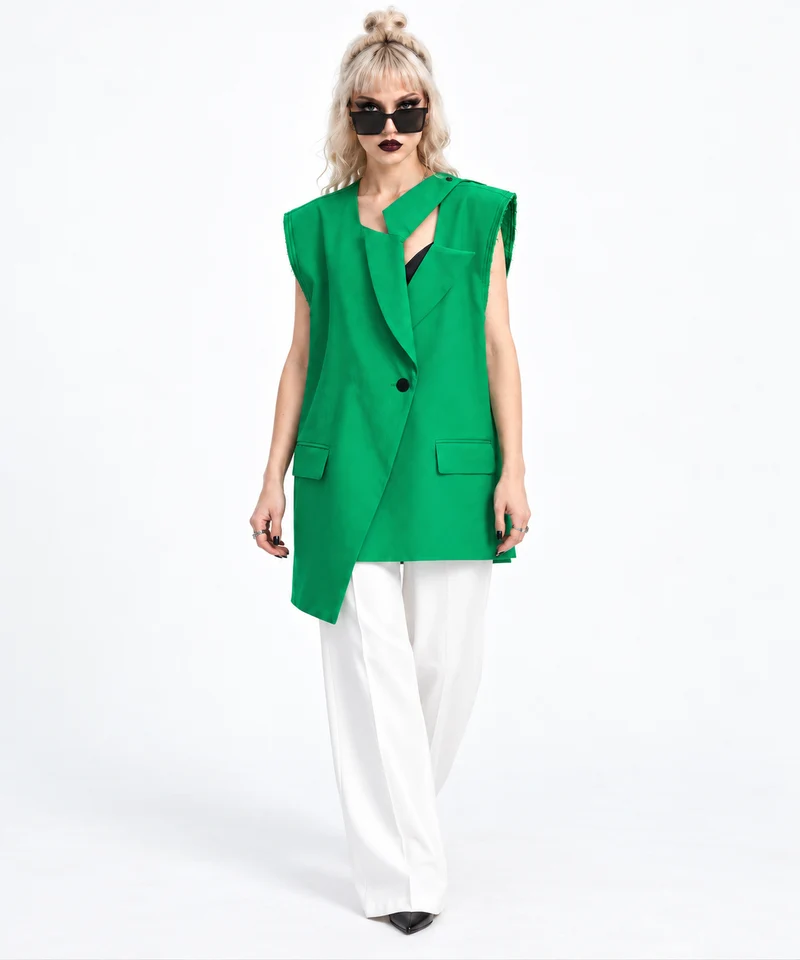 Asymmetric Raw-Edge Sleeveless Blazer