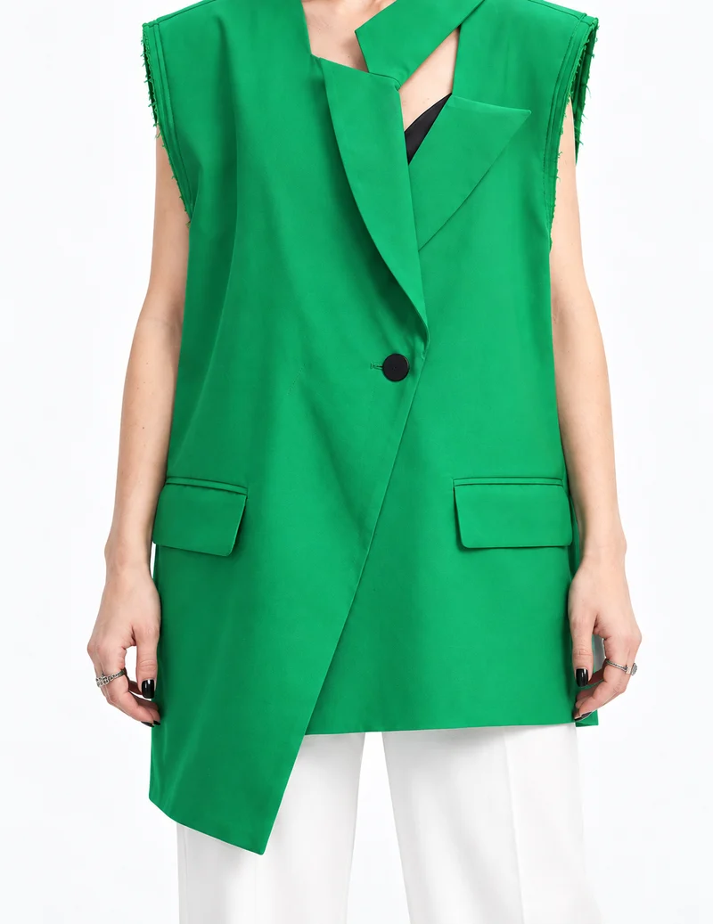 Asymmetric Raw-Edge Sleeveless Blazer