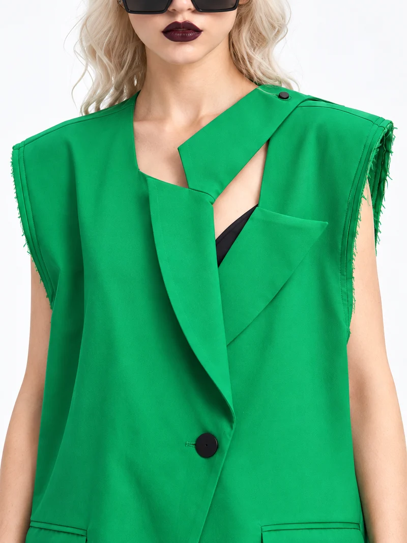 Asymmetric Raw-Edge Sleeveless Blazer