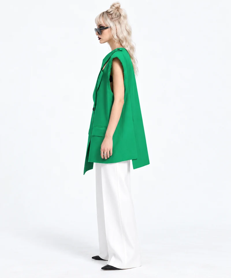 Asymmetric Raw-Edge Sleeveless Blazer