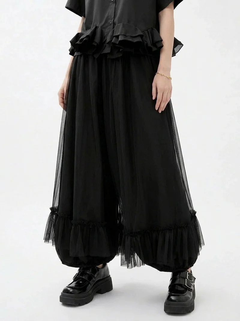Minimalist Goth Wide-Leg Tulle Overlay Trousers – Casual Minimal Statement Pants