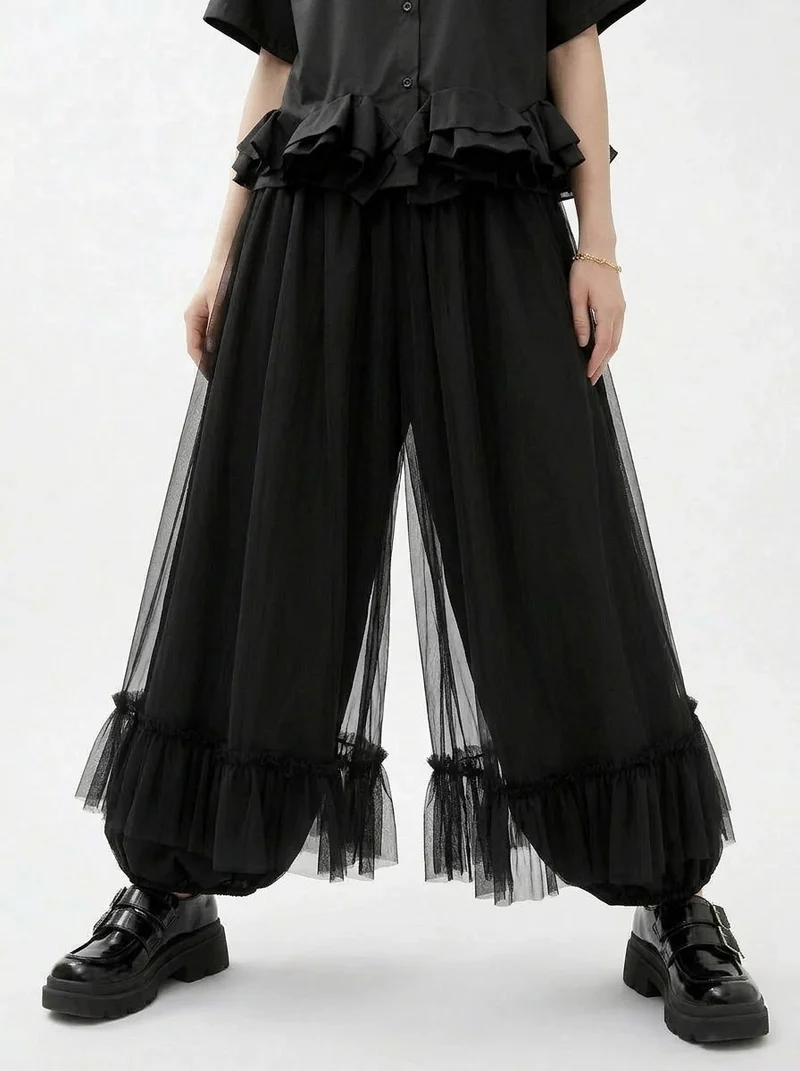 Minimalist Goth Wide-Leg Tulle Overlay Trousers – Casual Minimal Statement Pants