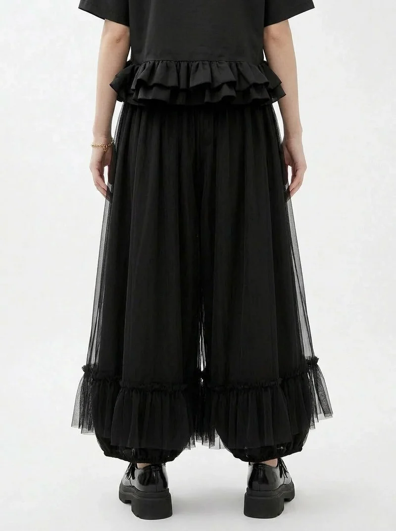 Minimalist Goth Wide-Leg Tulle Overlay Trousers – Casual Minimal Statement Pants